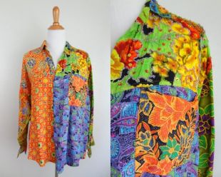 vintage années 90 Floral Batik Patchwork Bouton à manches longues Jusqu’à chemise