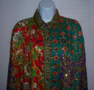 Vintage Floral Patchwork Red Green Purple Print Sequined Oversized Shirt Extra Large XL