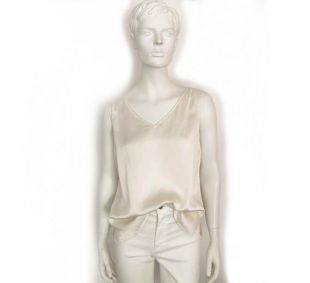 Le Lily White Ivory vintage 80s Tank Top Genuine Silk Satin Sleeveless V-Neck Minimalist Tee, Classic Staple Ivory