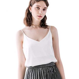 Silk Sexy V-Neck Camisole Cami Blouse Tank Shirt Ladies Spaghetti Strap Soft Satin Vest Top XS-3XL (White, Small)