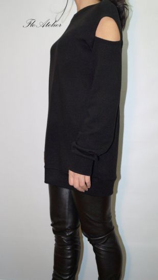 Black Open Shoulder Sweater/Sweater Dress/Knitwear Dress/Handmade Tunic/Loose Blouse/Maxi Sweater/Cut Out Shoulder/Off Shoulder Top/F1380