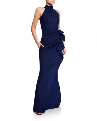 Side Ruched Halter Gown with Asymmetric Ruffle