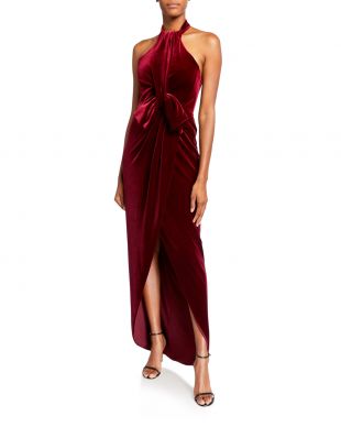 Estelle High-Low Velvet Halter Bow Gown