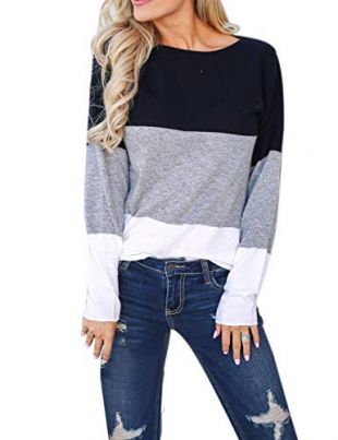 Long Sleeve Round Neck Elbow Patched Color Block Striped Shirt Tops (Large, Black-Grey-White)
