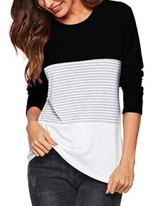 Striped Color Block Tops Long Sleeve T-Shirts Blouses Black
