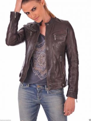 Veste en cuir authentique femme, veste faite à la main, veste en cuir brun, veste de course slim fit moto sur mesure