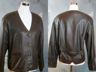 Veste en cuir brun cropped, millésime européen des années 1990 Collarless V Neckline Soft Lambskin Women's Leather Jacket: Taille 12 US, 16 UK
