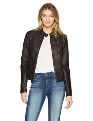 Faux Leather Fashion Quilted Racer Jacket, Brown, Medium