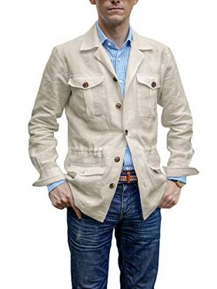 Linen Lightweight Safari Jacket Long Sleeve Regular Fit Solid Safari Blazer Jacket Beige