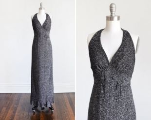 Robe Maxi Métallisé, robe Vintage 70s Halter, Noir et Argent Lurex Cocktail Party Dress, Robe Disco des années 1970, xs