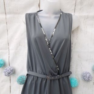 Silver Grey Sequin Faux Wrap Dress UK14/16 Party Evening