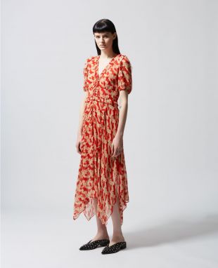 ROBE LONGUE IMPRIMÉE ROUGE À VOLANTS