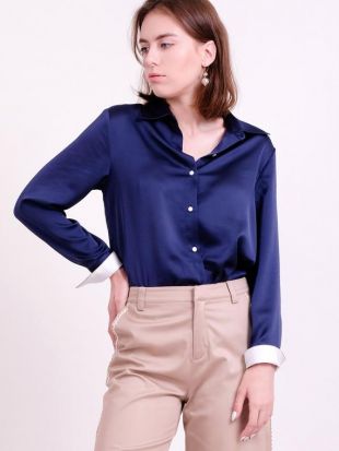 TOP: Bleu marine satin boutonné col chemise à manches longues chemisier en mousseline de soie haut
