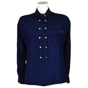 vintage des années 1980 Chanel Blue Double-breasted Silk Blouse