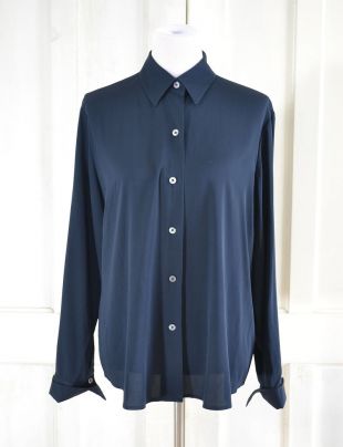 Blouse en soie vintage des années 90 - Blouse bleu marine - Français poignets - Chemise en soie minimaliste - Ellen Tracy