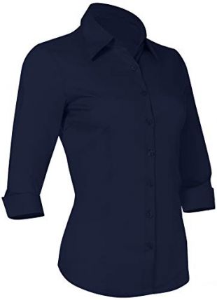 Button Down Shirts for Women 3 4 Sleeve Fitted Dress Shirt and Blouses Work Top (2XL Plus Size, New Navy)