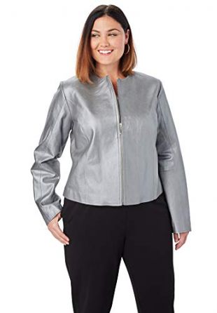Women's Plus Size Collarless Leather Jacket - 20 W, Silver