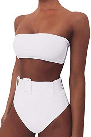 FAFOFA 2 Pieces Swim Outfit for Women Bandeau Strapless Bra High Leg Belted Bikini Outfit White L