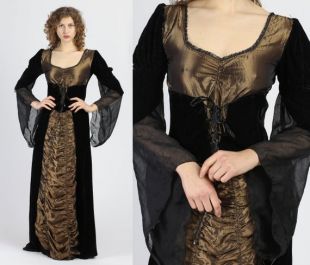 Robe Noire Or médiévale Elven Maxi - Moyenne à Grande-Pièce Vintage Velvet Corset Waist Costume Gown