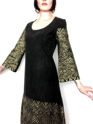 Vintage 1960's Egyptian Revival Gold Metallic Assuit Style Embroidered Black Cotton Linen Caftan Maxi Dress - size Medium