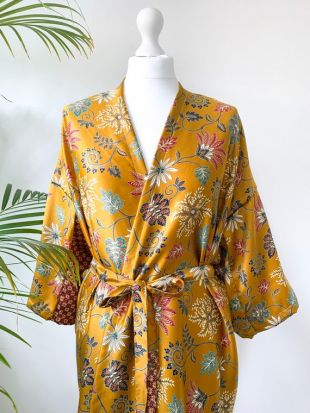 Yellow Gold Handmade Silk Kimono Robe, Paisley Floral Boho Oriental, Duster gown, Kimono Jacket, Dressing Gown, gift for her, Summer Robe