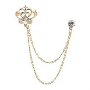 Mens Fashion Crown with Tassel Chain Pin Brooch Lapel Pins Suit Accessories Gold