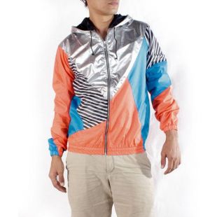 Coupe-vent bleu Orange argent capuche veste imperméable à l’eau.