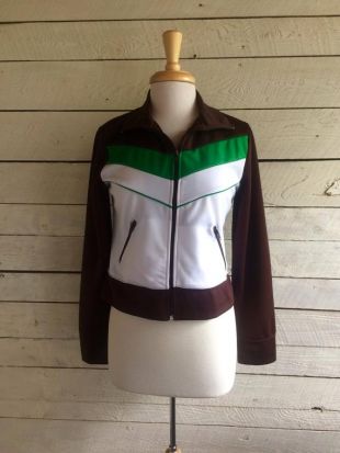 Tricot polyester Zip court veste - marron - blanc - vert - poches-rayures-