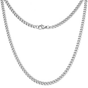 Silvadore 4mm Curb Mens Necklace - Silver Chain Cuban Stainless Steel Jewelry - Neck Link Chains for Men Man Women Boys Male Military - 14 16 18 20 22 24 26 36 inch (26, Leatherette Box)