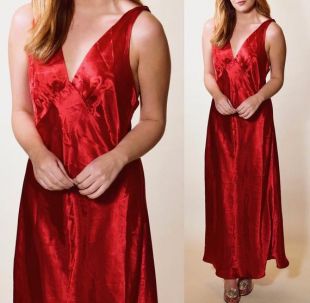 vintage rouge satiny v cou robe de nuit robe de femme petite taille