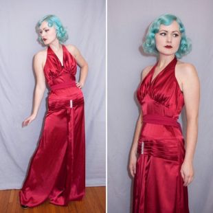 30's Style Raspberry Red Satin Hollywood Starlette Dress (fr) Taille moyenne