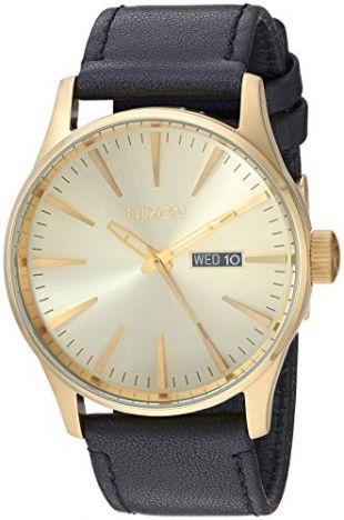 Nixon Sentry Leather A105510-00. Gold and Black Men’s Watch (42mm All Gold Watch Face/ 23mm All Black Leather Band)