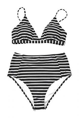CUPSHE Women's Striped Love Story Back Hook Bikini Medium Black White