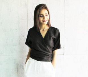 Linen wrap top, Black Linen  blouse, Linen Kimono Top, Washed Linen Top, Soft Pure linen