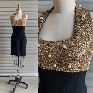 1980s Halter Dress Black Knit avec 3D Gold Beading Size Small