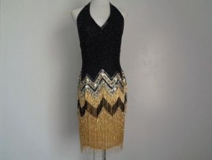 Amazing Vtg NITELINE Black Gold Silver Color Heavily Beaded Sequined Sandering Fringe Great Gatsby Flapper Sexy Open Back Halter Silk Dress 8