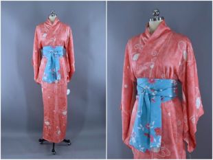 robe de kimono en soie vintage, Coral Pink Shibori, Robe de mariée Art Déco, années 1960 années 60 70