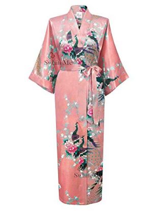 Women's Kimono Robe, Long, One Size, Peacock, Pink Coral, KPL01B