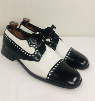 vintage des années 1970 Mens US Taille 11 - 10.5 HAIG - Dunn Pebbled Cuir Noir Blanc Perforated Spectators Two Tone Lace Up Oxford Shoes 70s Vtg