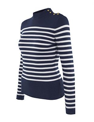Cielo Women's Soft Stretch Striped Mock Neck Pullover Knit Sweater Navy Ivory S