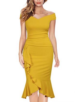 Knitee Off Shoulder V-Neck Ruffle Pleat Waist Bodycon Evening Cocktail Slit Dress,XX-Large,Yellow