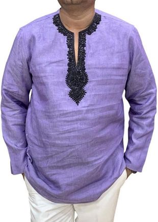 Brodée V Neck Purple Mens Tunics Linen kurta pour le mariage île