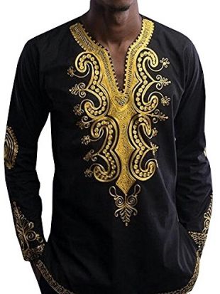 Bbalizko Mens African Print Long Sleeve Stand Collar Slim Fit Dashiki Shirt Tops (Medium, Black)
