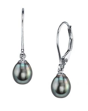 THE PEARL SOURCE 14K Gold 9-10mm AAAA Quality Drop Black Tahitian Cultured Pearl Leverback Earrings for Women