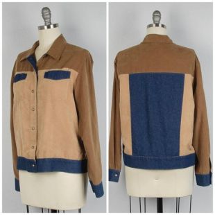 Veste de chemise de denim et de faux Suede Graff 80s aux années 90 s vintage Color Block Jean Jacket Femme Grande XL