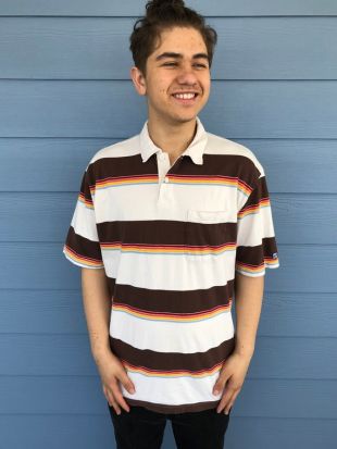 1970/80's Mens Anchor Blue Brown - Orange Striped Short Sleeve Short Collared Polo Shirt Size XL- 1970's mens tshirt, chemise en tricot rayé