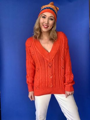 90's Orange V Neck Oversized Pullover Sweater