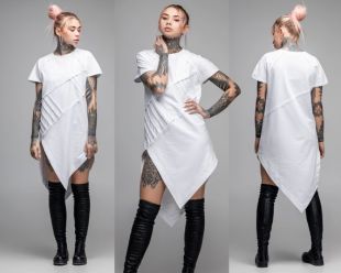 Robe de t-shirt blanche asymétrique, tunique futuriste géométrique pour femmes, vêtements post-apocalyptiques décontractés en coton, vêtements de rue actifs automnaux, A0147