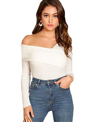 Women's Slim Cross Wrap Asymmetrical Neck Solid Ribbed Knit Tee Shirt Blouse White Small