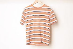 ORANGE & white STRIPED fitted vintage 1990s surf t-shirt top -- size medium